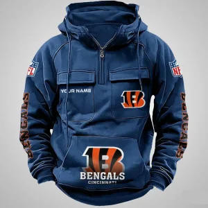 Cincinnati Bengals Long Sleeve Zipper Pocket Clothing Hooded Pullover Male Retro AZVMHD1259