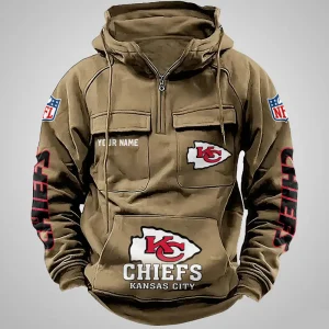 Kansas City Chiefs Long Sleeve Zipper Pocket Clothing Hooded Pullover Male Retro AZVMHD1268