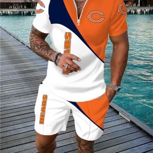 Chicago Bears Zip Polo Shirt And Shorts Men GB35