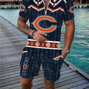 Chicago Bears Zip Polo Shirt And Shorts Men GB37
