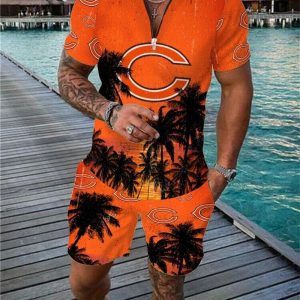 Chicago Bears Zip Polo Shirt And Shorts Men GB38