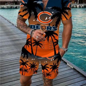 Chicago Bears Zip Polo Shirt And Shorts Men GB40