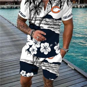Chicago Bears Zip Polo Shirt And Shorts Men GB41