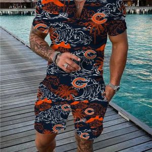 Chicago Bears Zip Polo Shirt And Shorts Men GB42