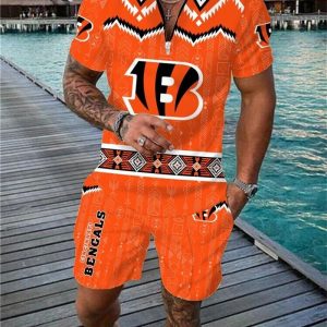 Cincinnati Bengals Zip Polo Shirt And Shorts Men GB29