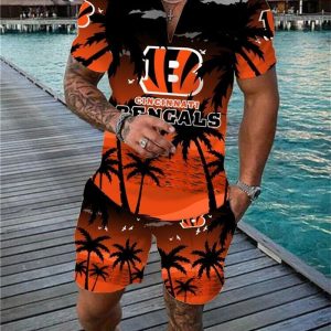 Cincinnati Bengals Zip Polo Shirt And Shorts Men GB33