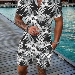 Las Vegas Raiders Zip Polo Shirt And Shorts Men GB121