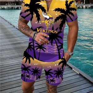 Minnesota Vikings Zip Polo Shirt And Shorts Men GB72