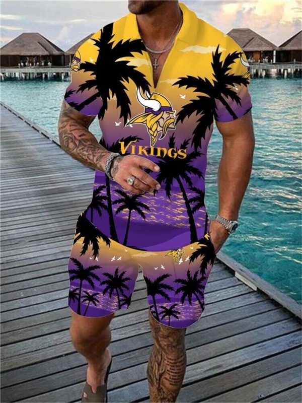 Minnesota Vikings Zip Polo Shirt And Shorts Men GB72