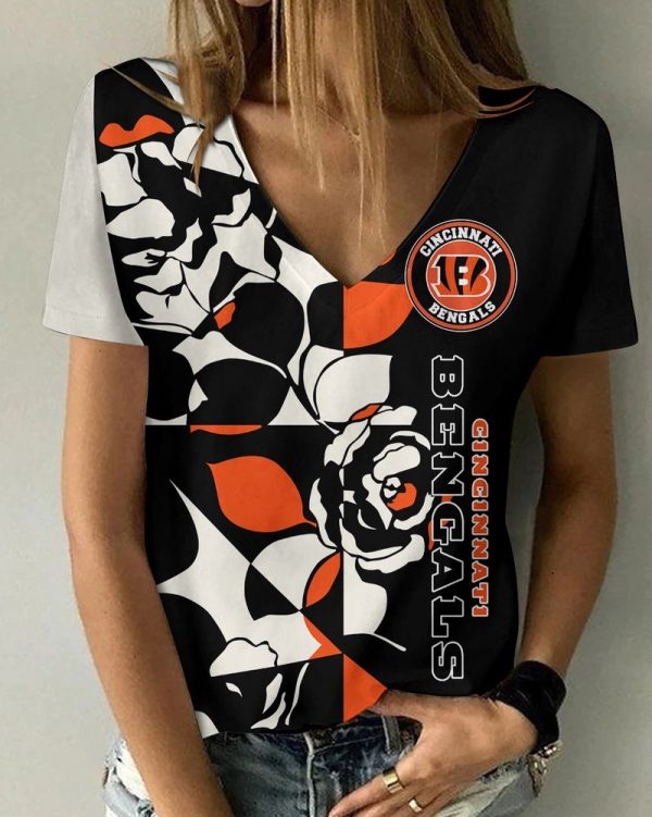 Cincinnati Bengals Flower Pattern V-neck Women T-shirt AGCWTS376