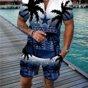 Dallas Cowboys Zip Polo Shirt And Shorts Men GB04