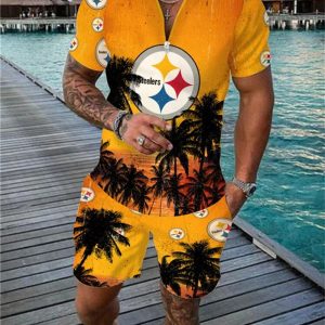 Pittsburgh Steelers Zip Polo Shirt And Shorts Men GB07