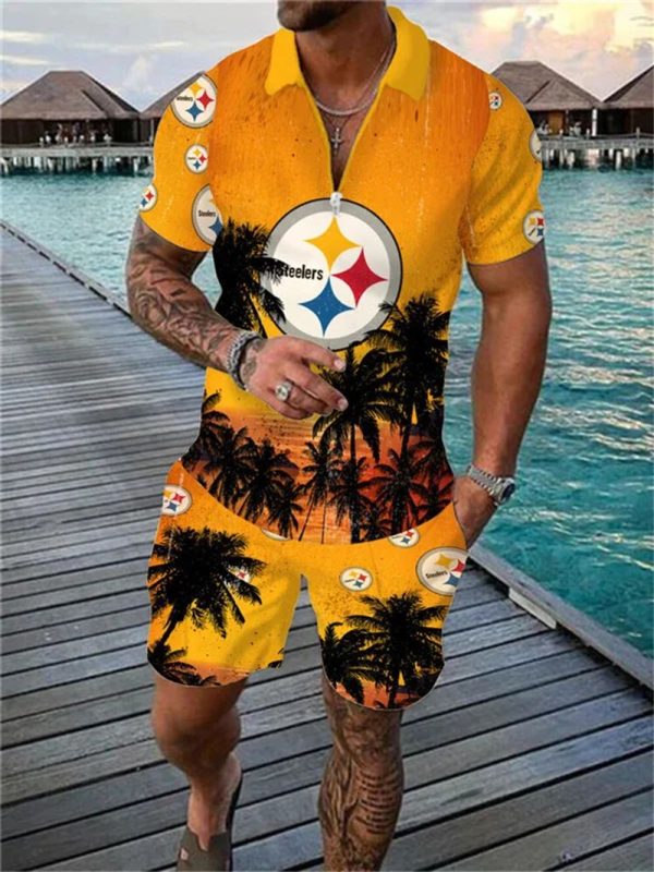 Pittsburgh Steelers Zip Polo Shirt And Shorts Men GB07
