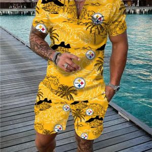Pittsburgh Steelers Zip Polo Shirt And Shorts Men GB09