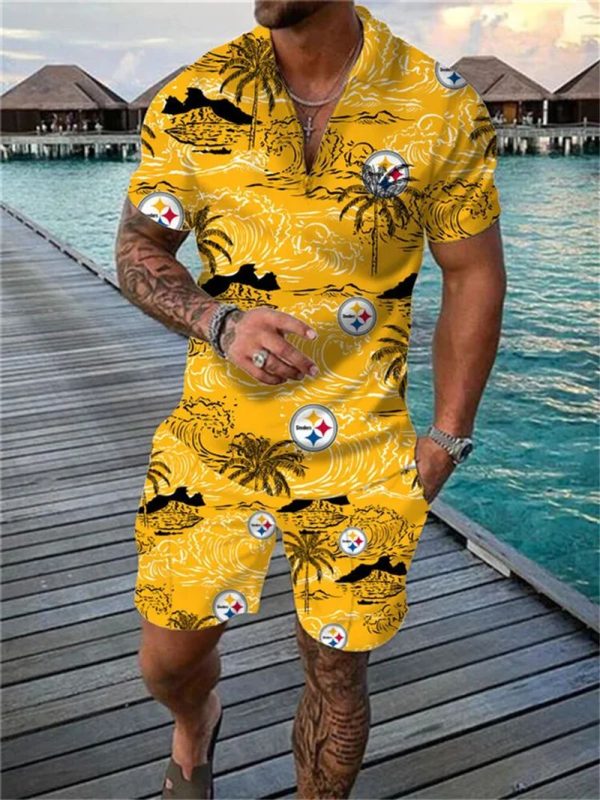 Pittsburgh Steelers Zip Polo Shirt And Shorts Men GB09