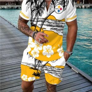 Pittsburgh Steelers Zip Polo Shirt And Shorts Men GB10