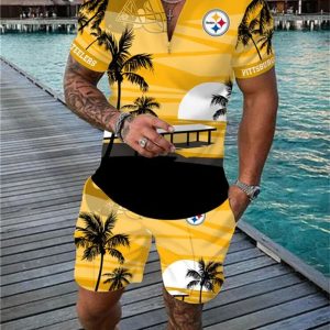 Pittsburgh Steelers Zip Polo Shirt And Shorts Men GB11