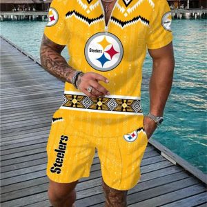 Pittsburgh Steelers Zip Polo Shirt And Shorts Men GB12