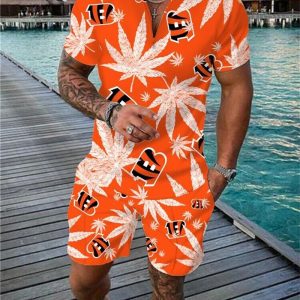 Cincinnati Bengals Zip Polo Shirt And Shorts Men GB27