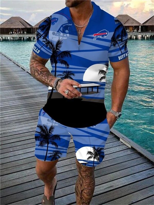 Buffalo Bills Zip Polo Shirt And Shorts Men GB78