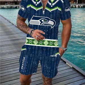 Seattle Seahawks Zip Polo Shirt And Shorts Men GB43