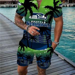 Seattle Seahawks Zip Polo Shirt And Shorts Men GB46