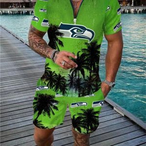 Seattle Seahawks Zip Polo Shirt And Shorts Men GB47